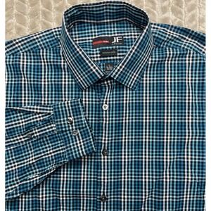 JF John Ferrar Mechanical Stretch Men's L Shirt 16-16 1/2 32/33 Blue Gray Plaid‎